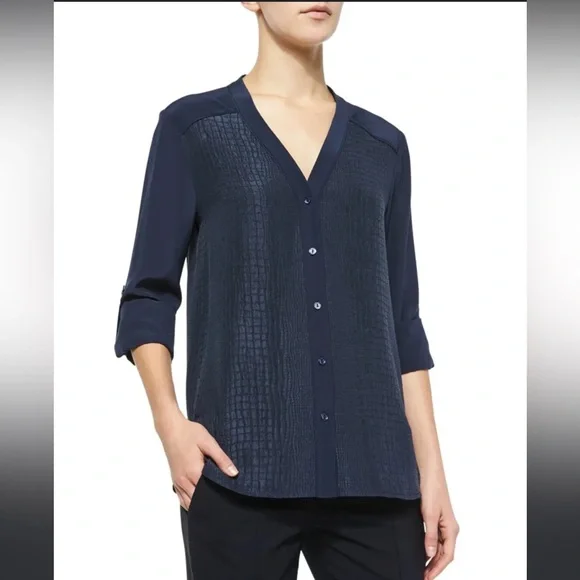 Vince Navy Long-Sleeve Crocodile-Embossed Blouse Size S - Picture 2 of 11